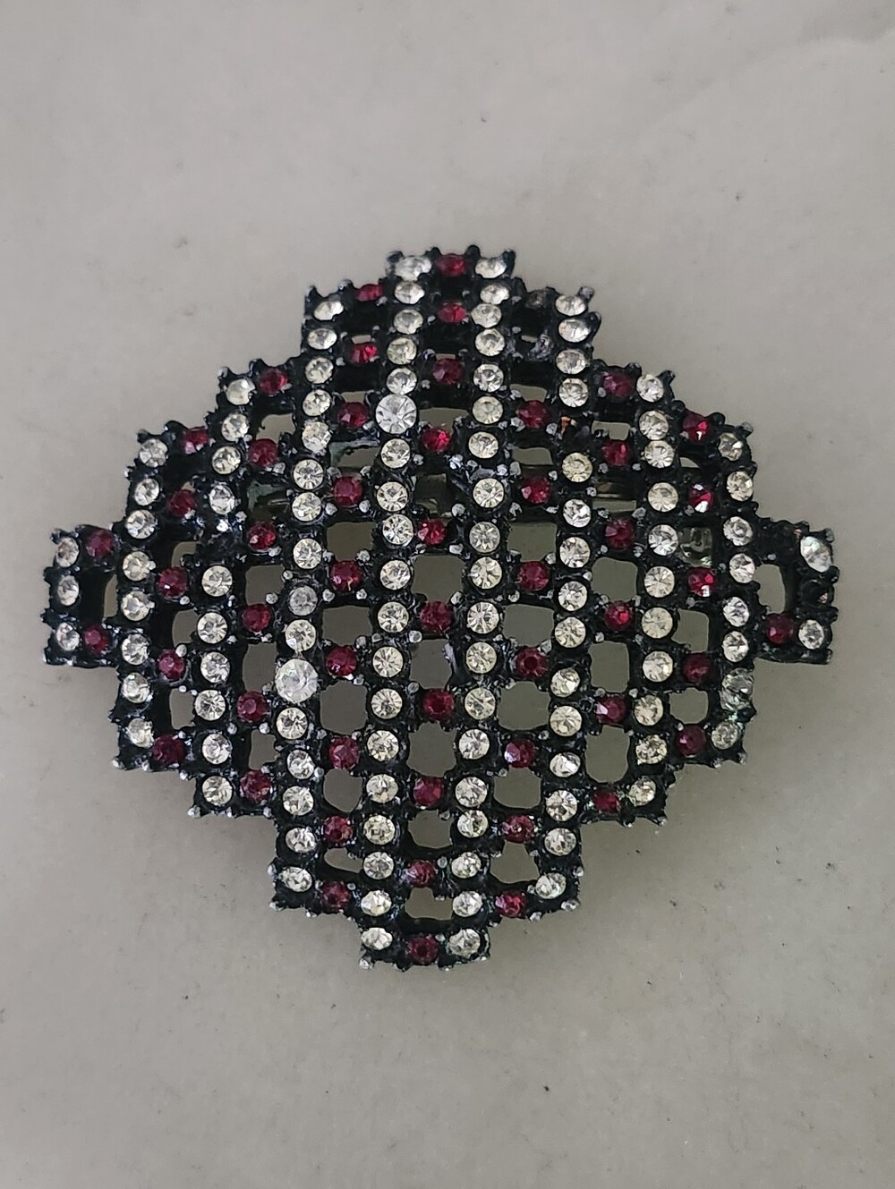 Vtg Red & Clear Rhinestone Grid Brooch With Dark Metal Finish